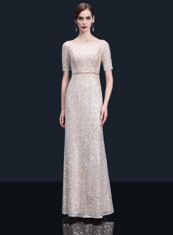 Simple Champagne Sequins Short Sleeve Long Mother Of The Bride Dress 2020