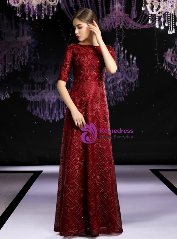 Burgundy Bateau Lace Sequins 3/4 Sleeve Long Mother Of The Bride Dress 2020
