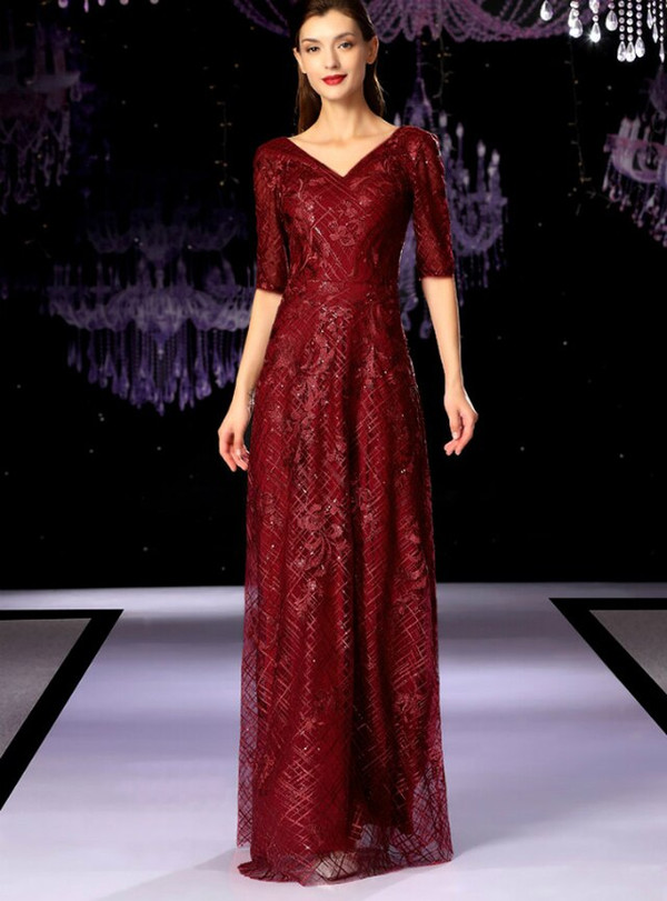 Burgundy Lace Sequins V-neck Short Sleeve Long Mother Of The Bride Dress 2020