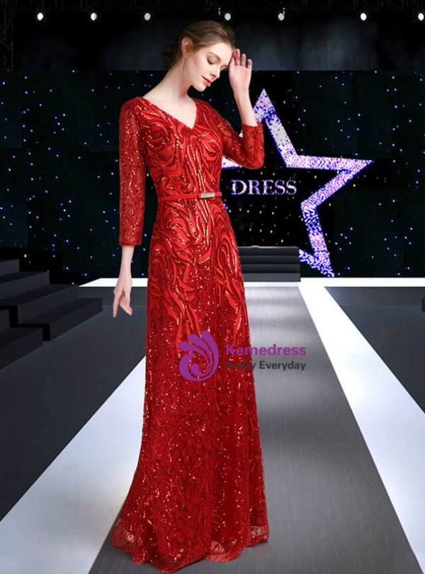 Unique Red Tulle Sequins Deep V-neck 3/4 Sleeve Mother Of The Bride Dress 2020