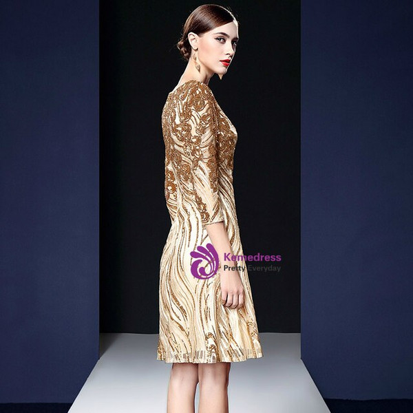 Fashion Gold Tulle Bateau Sequins 3/4 Sleeve Knee Length Mother Of The Bride Dress 2020