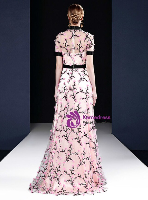 Romance Pink Short Sleeve High Neck Embroidery Long Mother Dress 2020