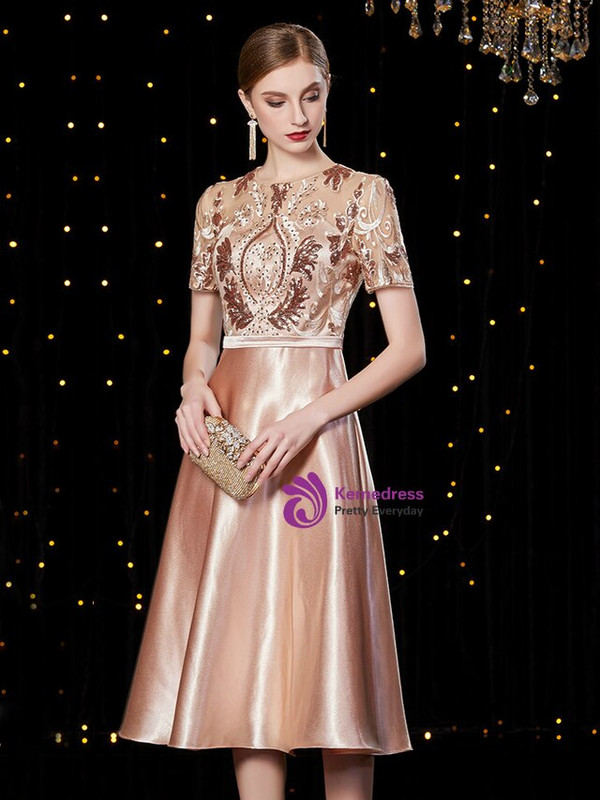 A-Line Pink Satin Short Sleeve Lace Appliques Short Mother Of The Bride Dress 2020