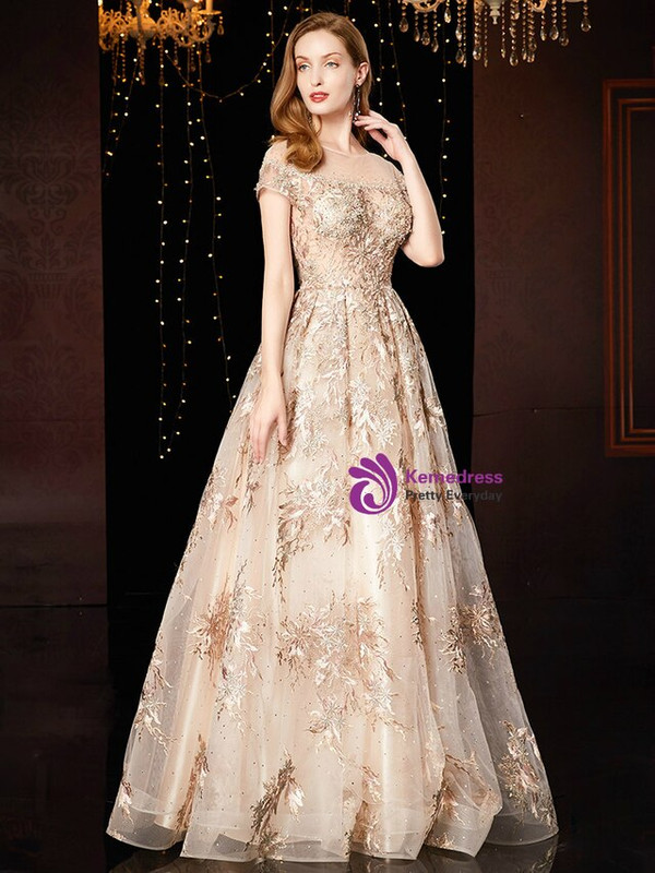 Champagne Tulle Embroidery Appliques Cap Sleeve Long Mother Of The Bride Dress 2020