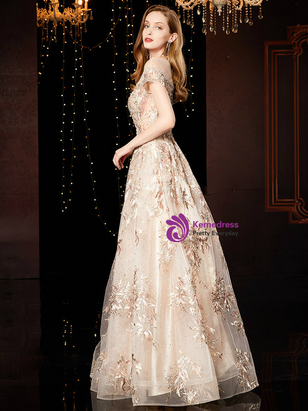 Champagne Tulle Embroidery Appliques Cap Sleeve Long Mother Of The Bride Dress 2020