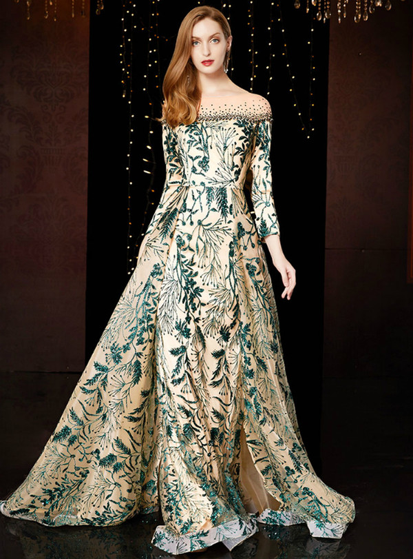 Elegance Champagne Tulle Green Sequins Long Sleeve Mother Of The Bride Dress 2020