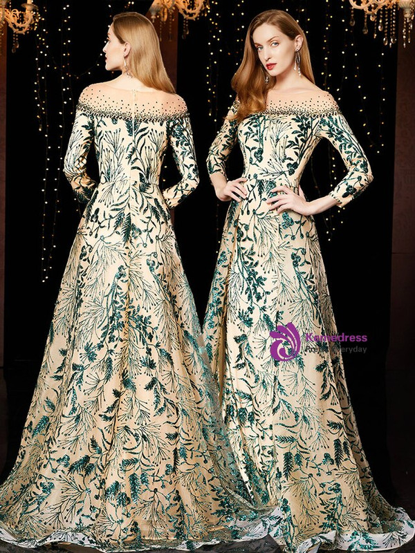 Elegance Champagne Tulle Green Sequins Long Sleeve Mother Of The Bride Dress 2020