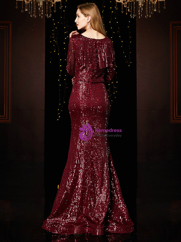 Romance Burgundy Mermaid Sequins Long Sleeve Tassel Mother Of The Bride Dress 2020