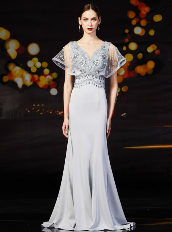 Hot Sale Gray Mermaid Satin V-neck Beading Mother Of The Bride Dress 2020