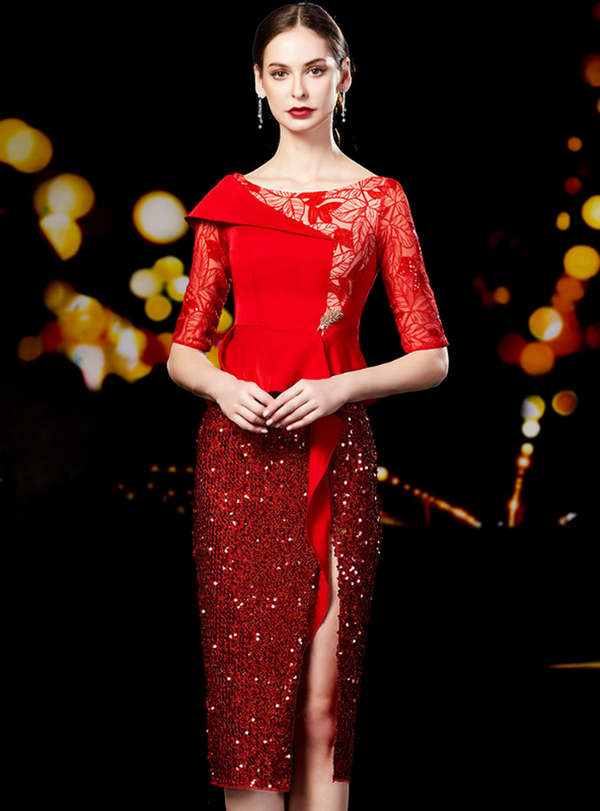 Elegance Sheath Red Satin Sequins Short Sleeve Mother Of The Bride Dress 2020