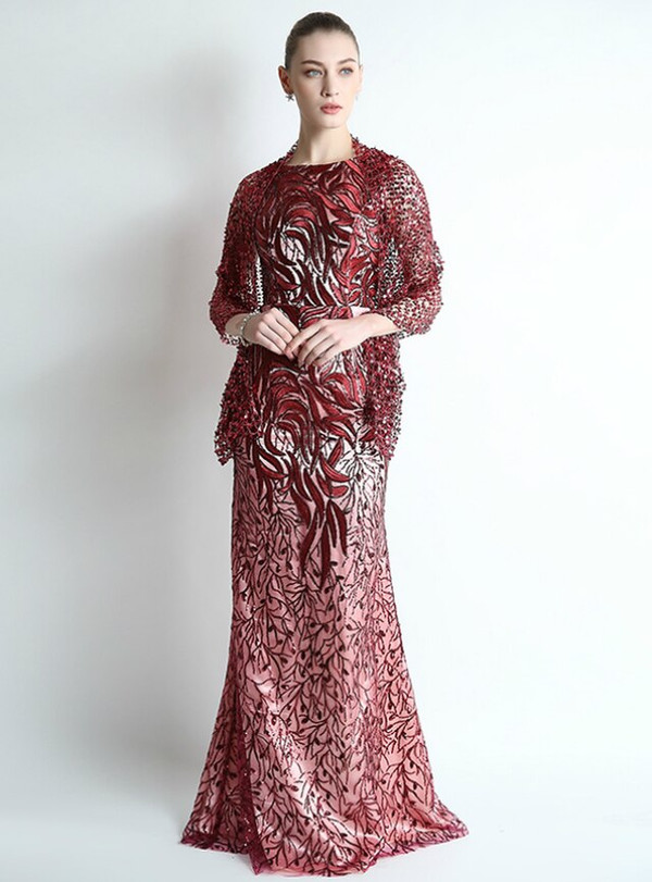 Amazing Burgundy Mermaid Sequins Long Mother Of The Bride Dress With Shawl 2020