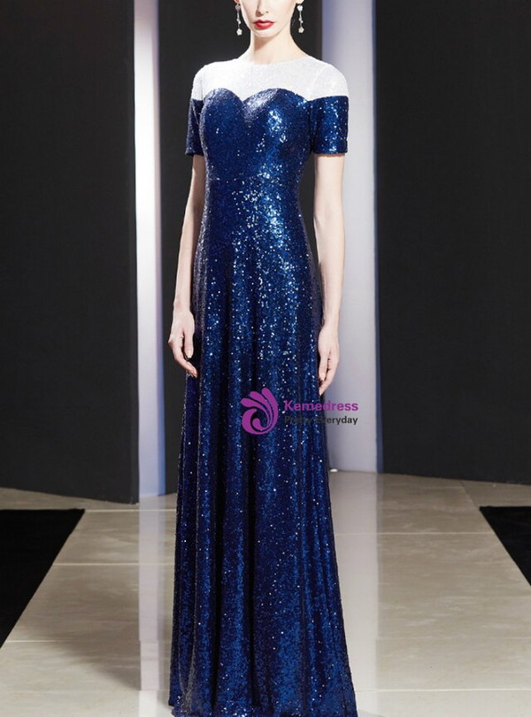 Advanced Blue Scoop Neck Sequins Short Sleeve Mother of the Bride Dress 2020