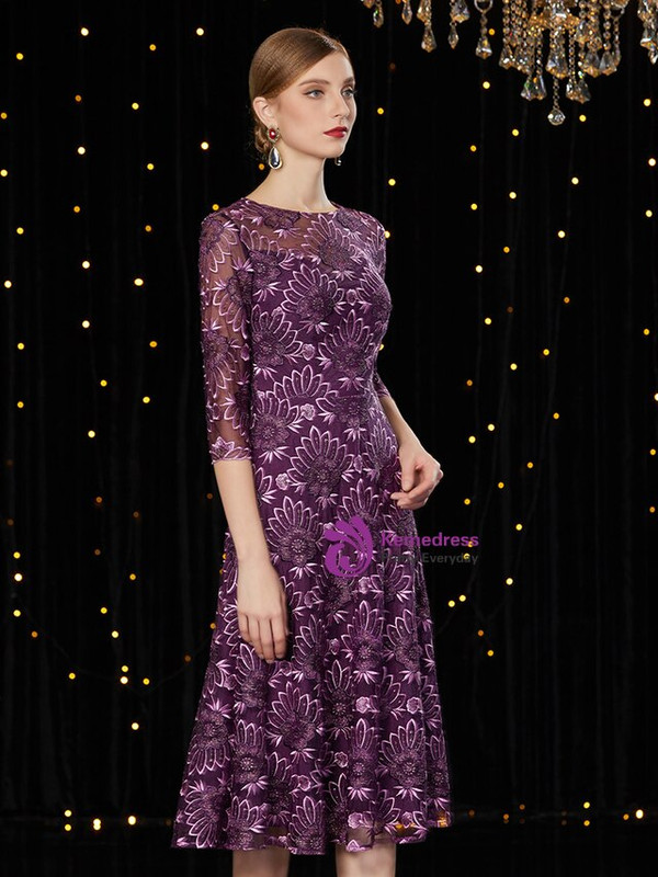 Elegance A-Line Purple Lace 3/4 Tea Length Short Mother Of The Bride Dress 2020  