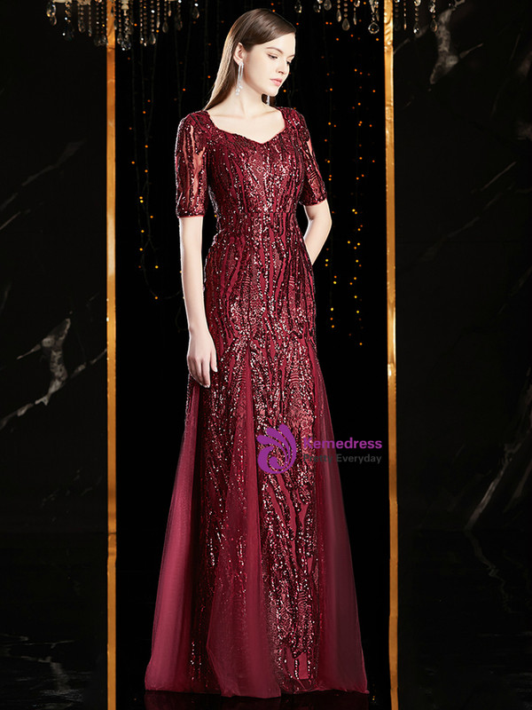 Exciting  Burgundy Mermaid Sequins Tulle Short Sleeve Mother Of The Bride Dress 2020