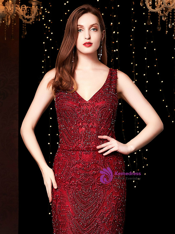 Luxury Burgundy Mermaid Tulle Sequins V-neck Mother Of The Bride Dress 2020