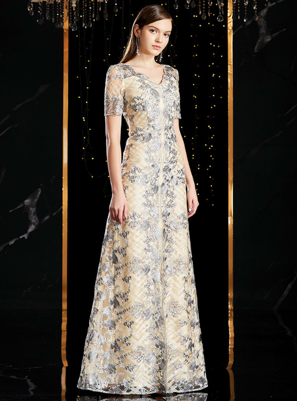 Champagne Tulle Gray Embrodiery Appliques Short Sleeve Mother Of The Bride Dress 2020