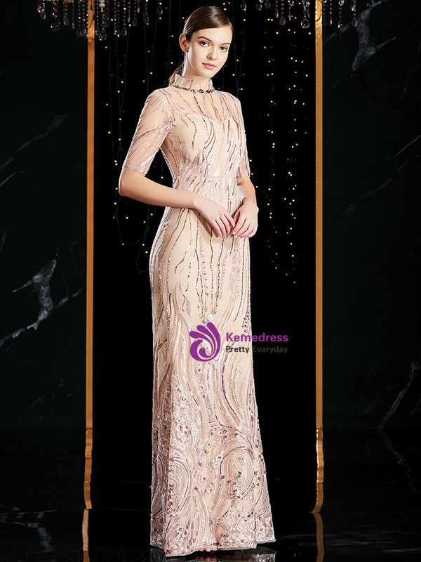 Champagne Mermaid High Neck Short Sleeve Sequins Beading Mother of the Bride Dress 2020