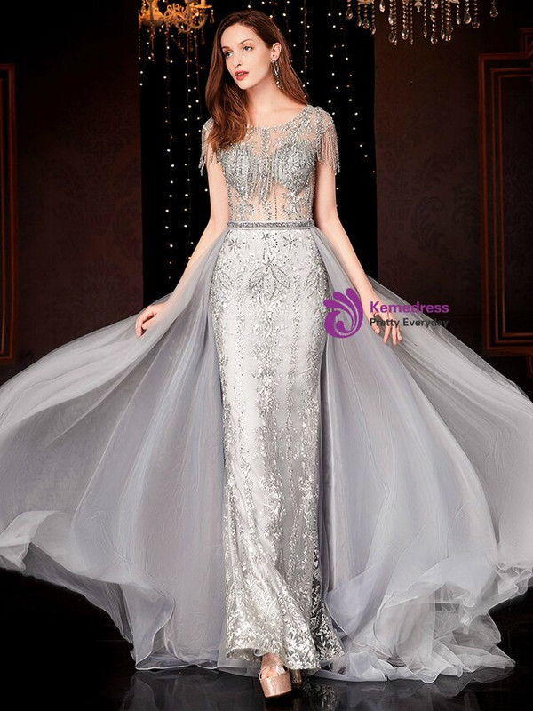 Fabulous Gray Tulle Cap Sleeve Appliques Beading Mother of the Bride Dress 2020