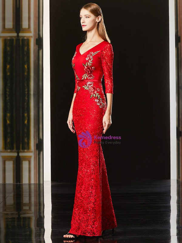 Red Mermaid Lace Sequins V-neck 3/4 Sleeve Embroidery Mother Of The Bride Dress 2020