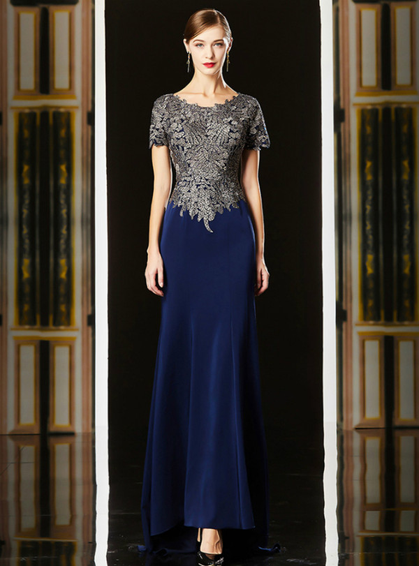 You'll Always Remember Wearing Navy Blue Mermaid Satin Cap Sleeve Appliques Mother Of The Bride Dress 