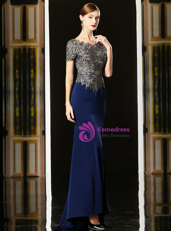 You'll Always Remember Wearing Navy Blue Mermaid Satin Cap Sleeve Appliques Mother Of The Bride Dress 