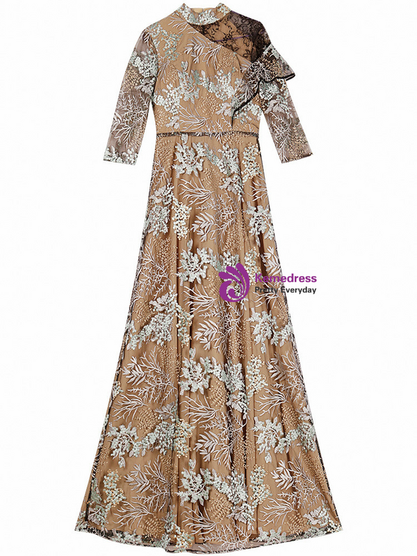 For The Very Best In Unique Or Custom Champagne Tulle 3/4 Sleeve Embroidery High Neck Mother Of The Bride Dress