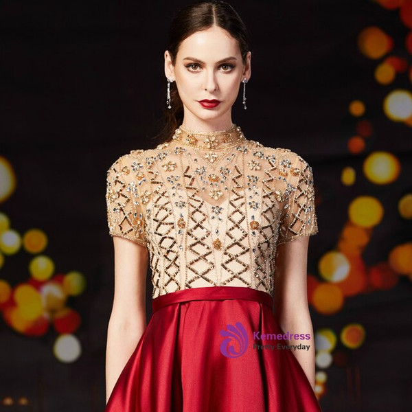 Amazing & Affordable Fashion Red Satin High Neck Cap Sleeve Beading Mother Of The Bride Dress 