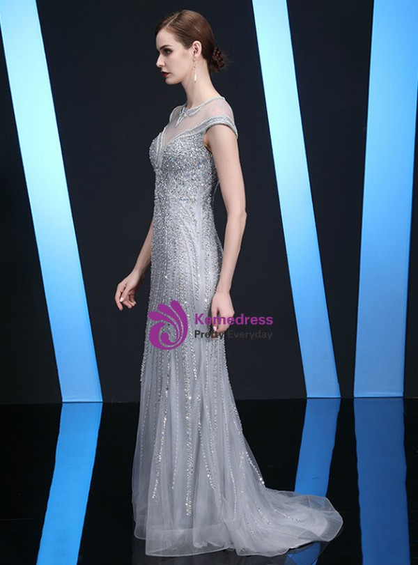 We Provide Hand Work Silver Gray Tulle Mermaid Cap Sleeve Beading Mother of the Bride Dress