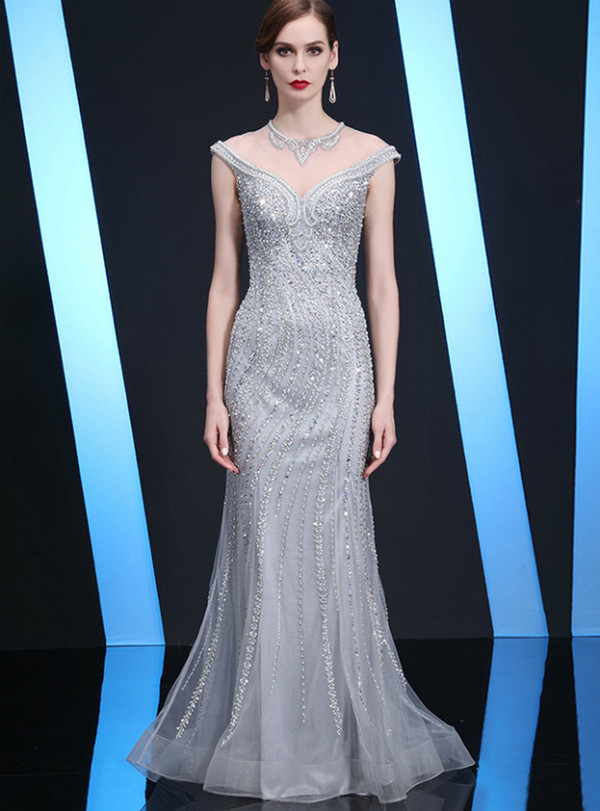 We Provide Hand Work Silver Gray Tulle Mermaid Cap Sleeve Beading Mother of the Bride Dress