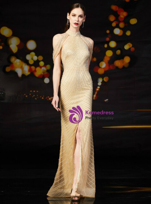 Order Your Ideal Gold Mermaid Tulle High Neck Mother of the Bride Dress Beading With Side Split