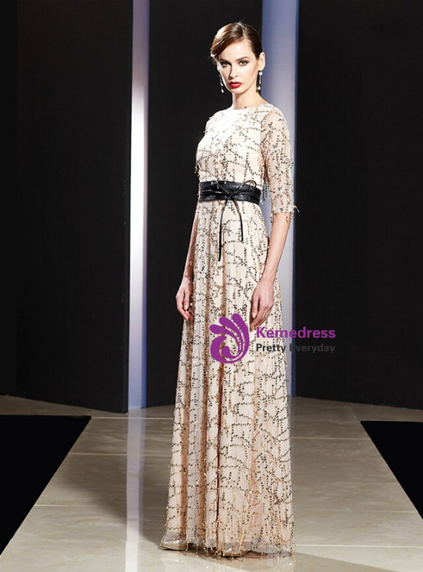 We Offer a Large Numbers Of Champagne Sequins Short Sleeve Long Mother Of The Bride Dress With Sash