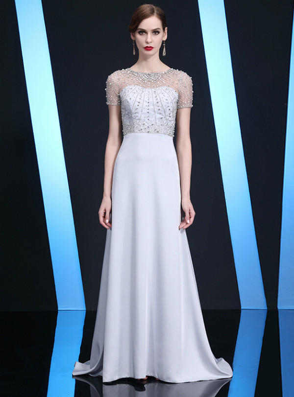 Best Discount And High Quality Silver Short Sleeve Beading Short Sleeve Long Mother of the Bride Dress