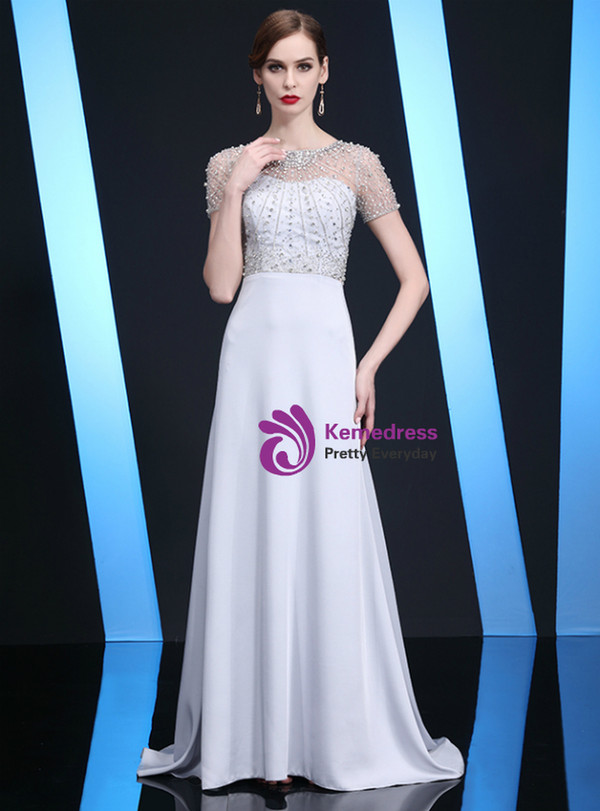 Best Discount And High Quality Silver Short Sleeve Beading Short Sleeve Long Mother of the Bride Dress