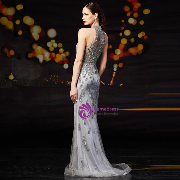 We Provide Gray Mermaid Tulle Keyhole Beading Sequins Sleeveless Mother Of The Bride Dress