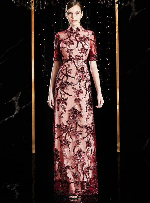 The Worldwide Shipping Online Store Burgundy Sheath High Neck Sequins Short Sleeve Long Formal Mother Of the Brides Dress