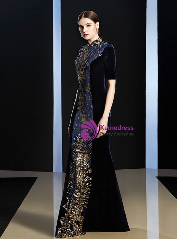 An Extra 40% Off Storewide Navy Blue Mermaid Velvet High Neck Short Sleeve Sequins Long Mother of the Bride Dress