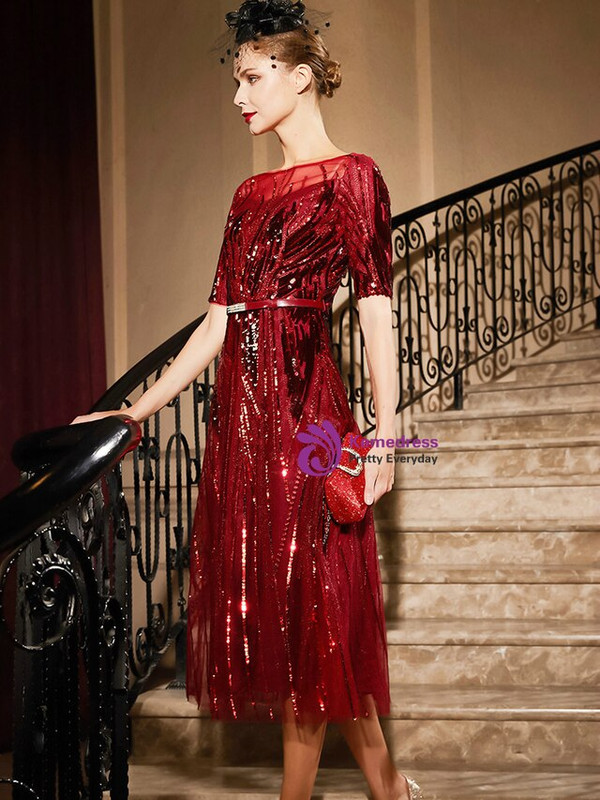 In One Step Burgundy Tulle Sequins Short Sleeve Short Mother Of the Brides Dress