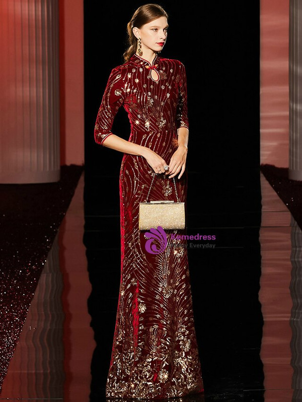 Fashionable Burgundy Mermaid Velvet Sequins High Neck Half Sleeve Mother Of the Brides Dress