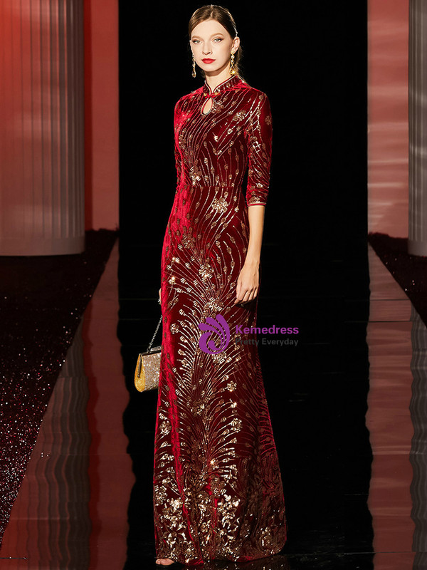 Fashionable Burgundy Mermaid Velvet Sequins High Neck Half Sleeve Mother Of the Brides Dress