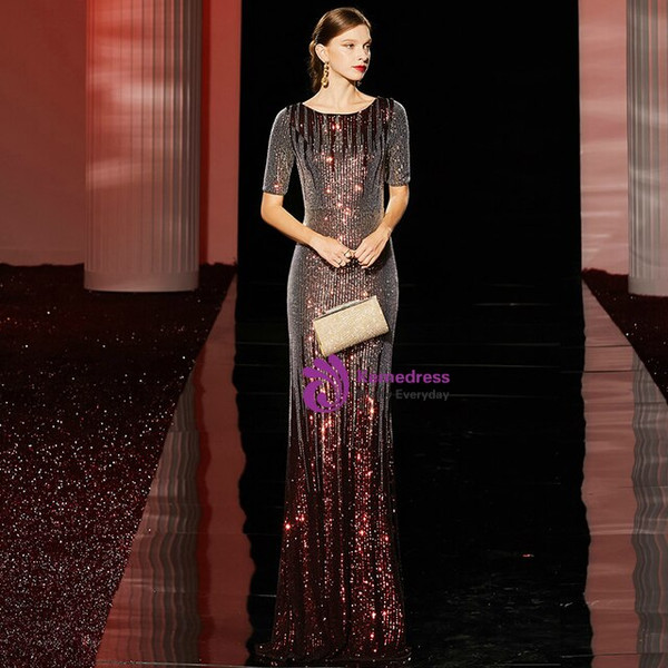 High quality Noble Red Mermaid Sequins Short Sleeve Bateau Mother Of the Brides Dress