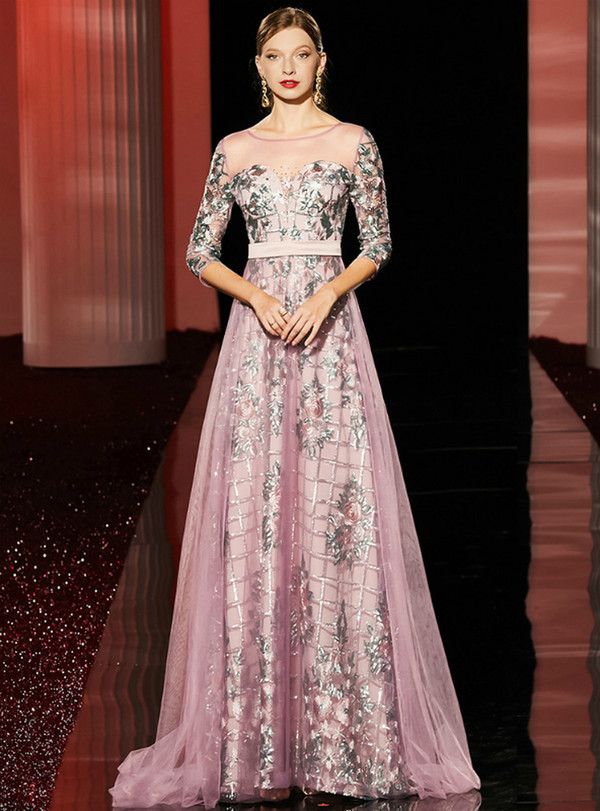  Popular Pink Tulle Embroidery Sequins 3/4 Sleeve Floor Length Mother Of the Brides Dress
