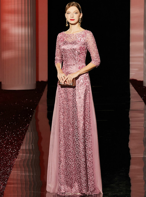 Alluring Pink Lace Half Sleeve Tulle Sequins Floor Length Mother Of the Brides Dress