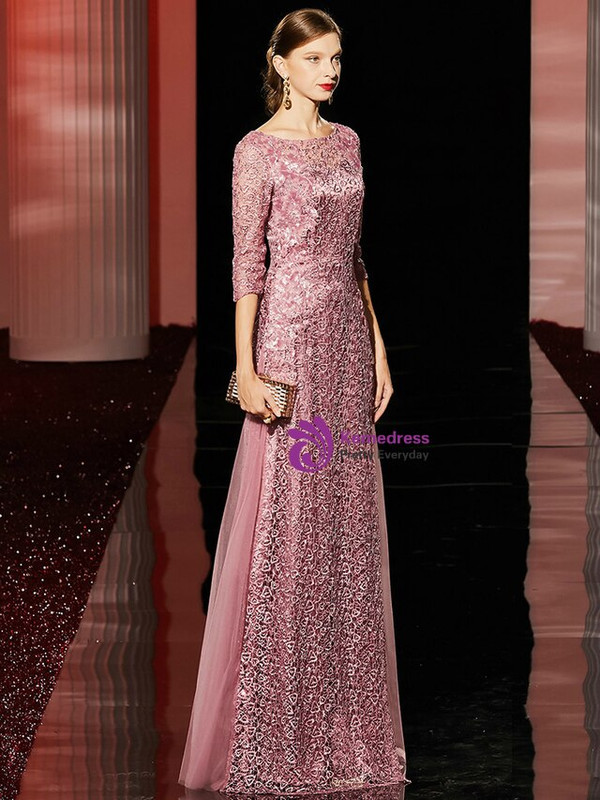 Alluring Pink Lace Half Sleeve Tulle Sequins Floor Length Mother Of the Brides Dress