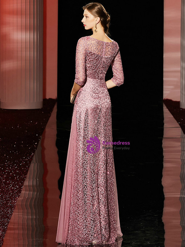 Alluring Pink Lace Half Sleeve Tulle Sequins Floor Length Mother Of the Brides Dress