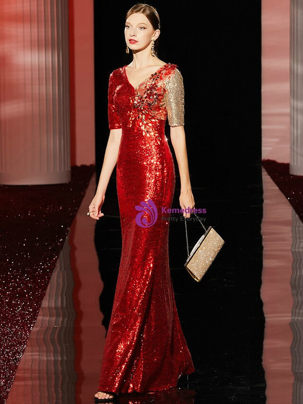 Exquisite Red Sequins Short Sleeve Appliques Long Mother Of the Brides Dress