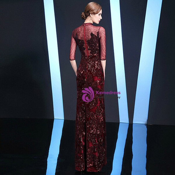 Glamorous Burgundy Mermaid High Neck Half Sleeve Sequins Mother Of the Brides Dress