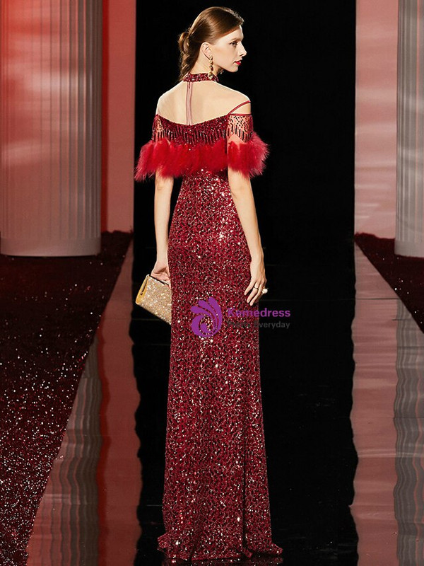 Modern Red Mermaid Sequins High Neck Short Sleeve Feather Mother Of the Brides Dress 