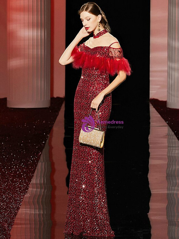 Modern Red Mermaid Sequins High Neck Short Sleeve Feather Mother Of the Brides Dress 