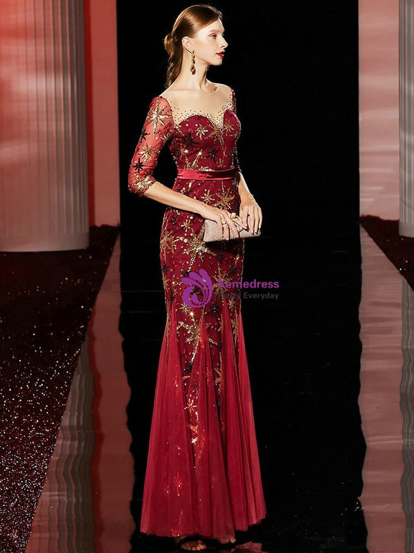 Fashion Burgundy Mermaid Tulle Sequins 3/4 Sleeve Sequins Mother Of the Brides Dress 