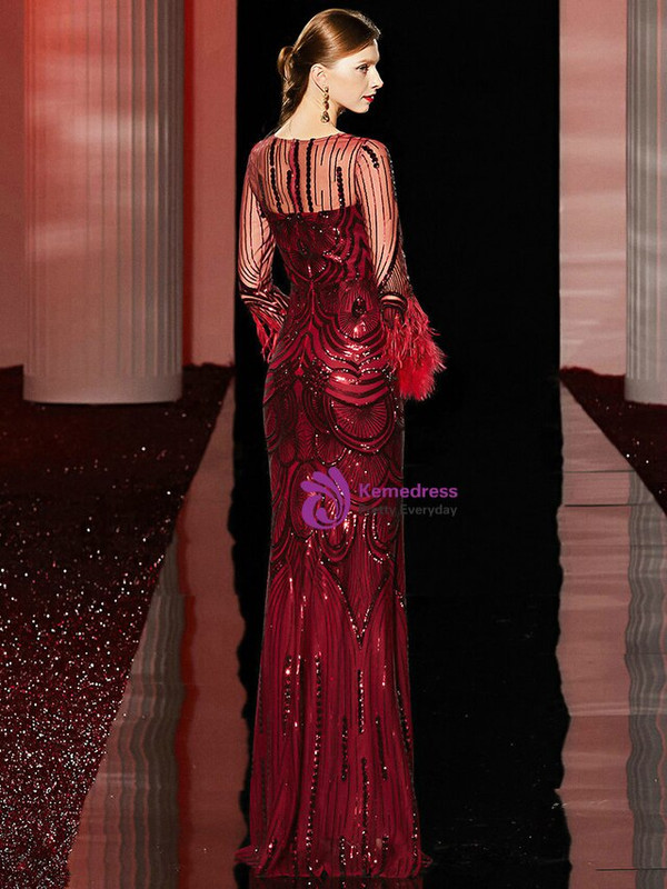 Luxurious Burgundy Mermaid Sequins Long Sleeve Feather Mother Of the Brides Dress